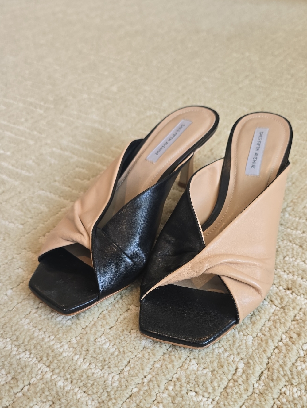Saks Fifth Avenue Two-Tone Black and Nude Leather Slide Mules, Size 8.5